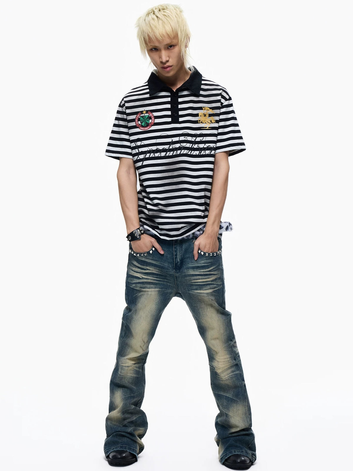 Lightinus Studded Snakeskin Pocket Flare Jeans - model look