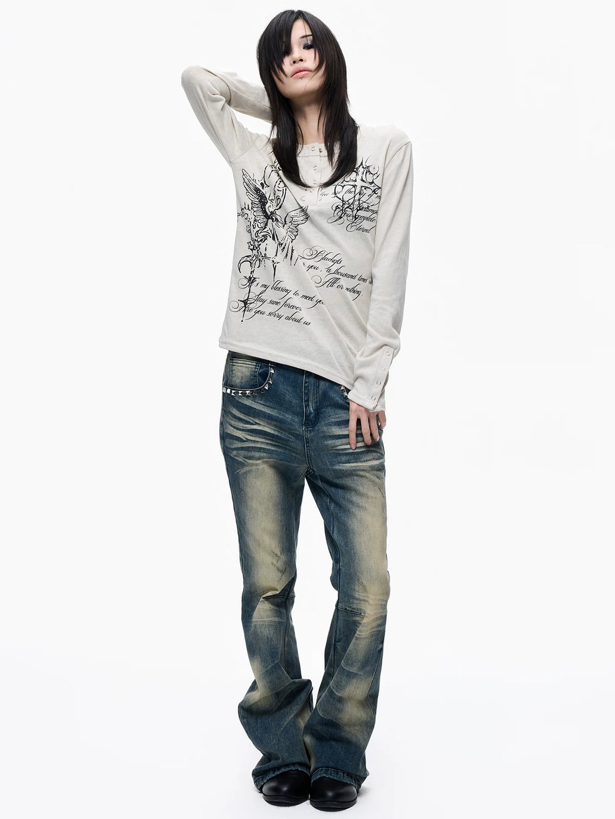 Lightinus Studded Snakeskin Pocket Flare Jeans - model look