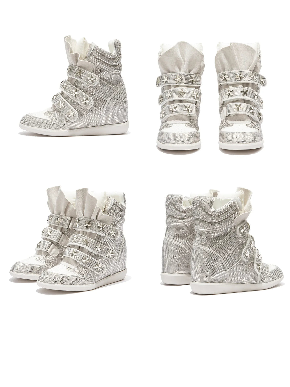 DETW Rhinestone Star-Strap Wedge Sneakers - White sneakers side and front collage