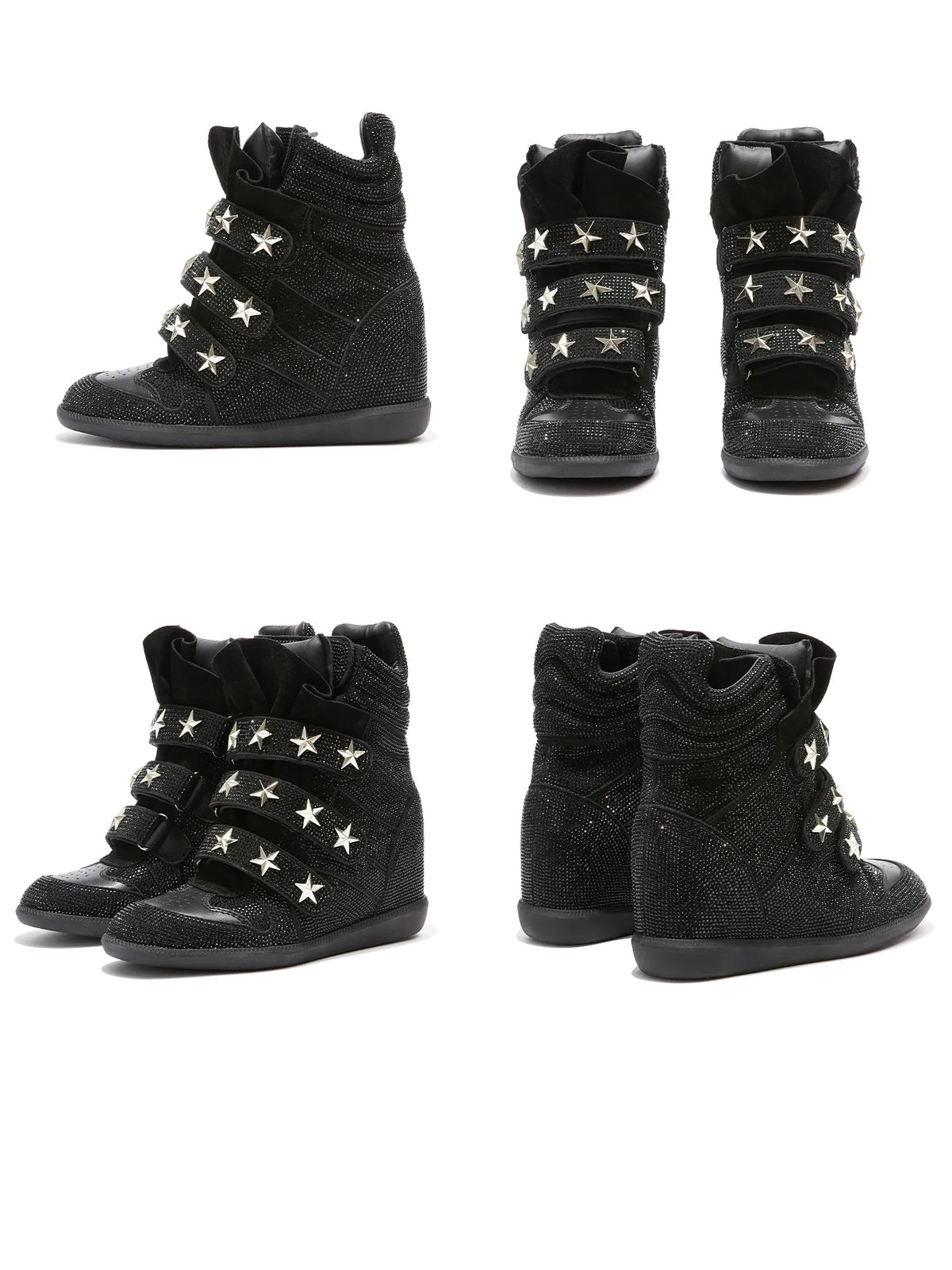 DETW Rhinestone Star-Strap Wedge Sneakers - Black sneakers side and front collage