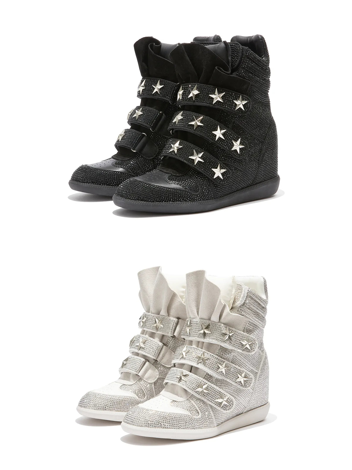 DETW Rhinestone Star-Strap Wedge Sneakers - Black and white star-strap front view