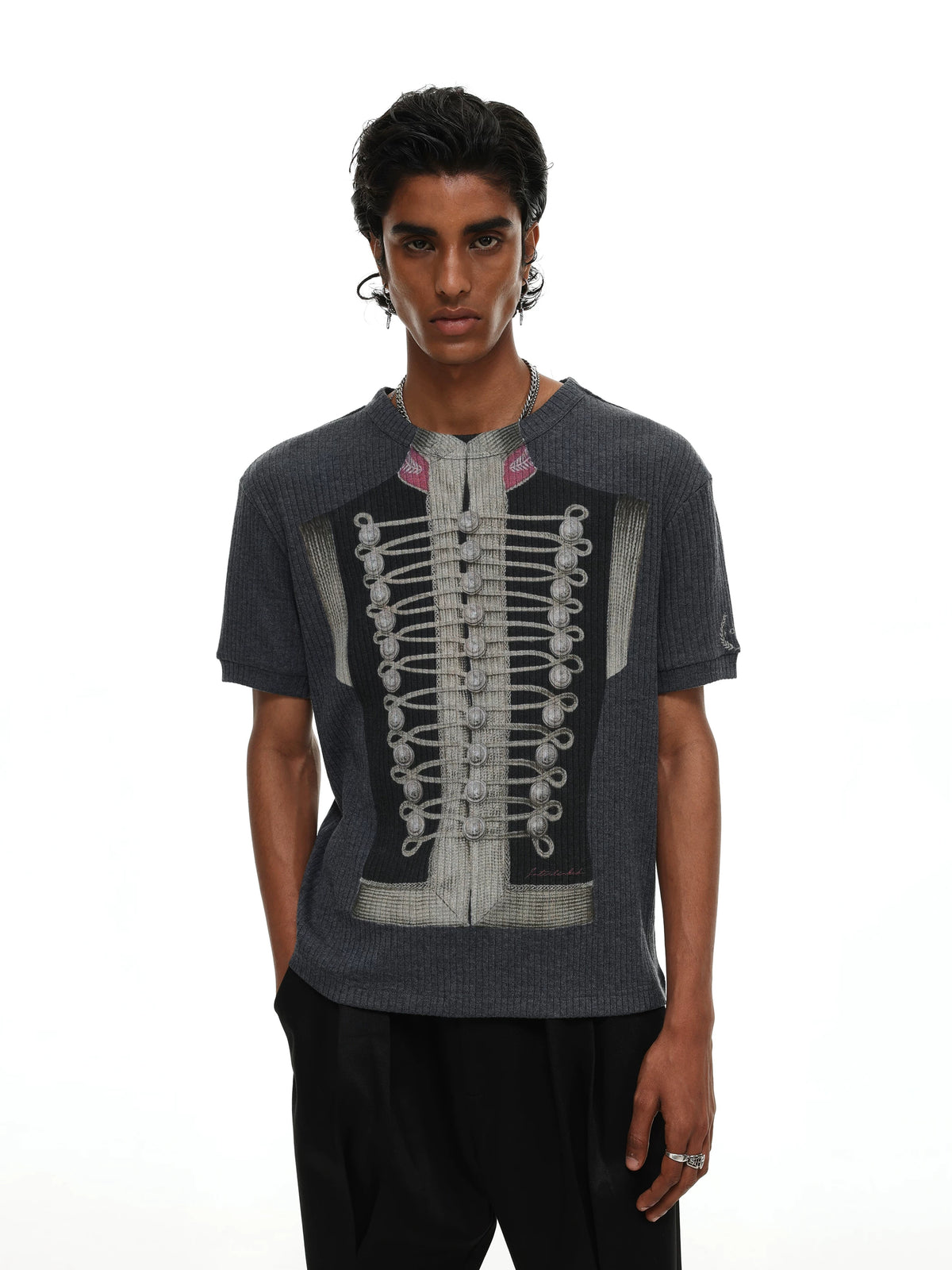 Napoleon Military Jacket Print Ribbed T-Shirt - Grey front on model