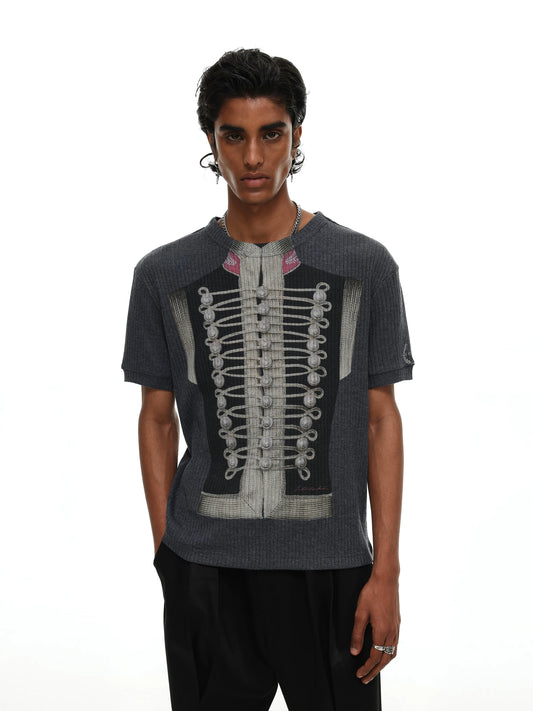 Napoleon Military Jacket Print Ribbed T-Shirt - Grey front on model