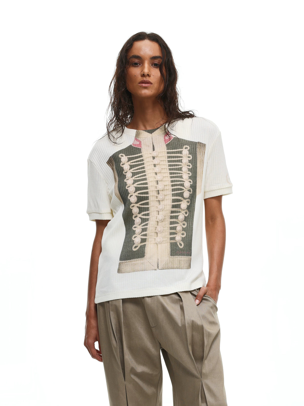 Napoleon Military Jacket Print Ribbed T-Shirt - Apricot front on model