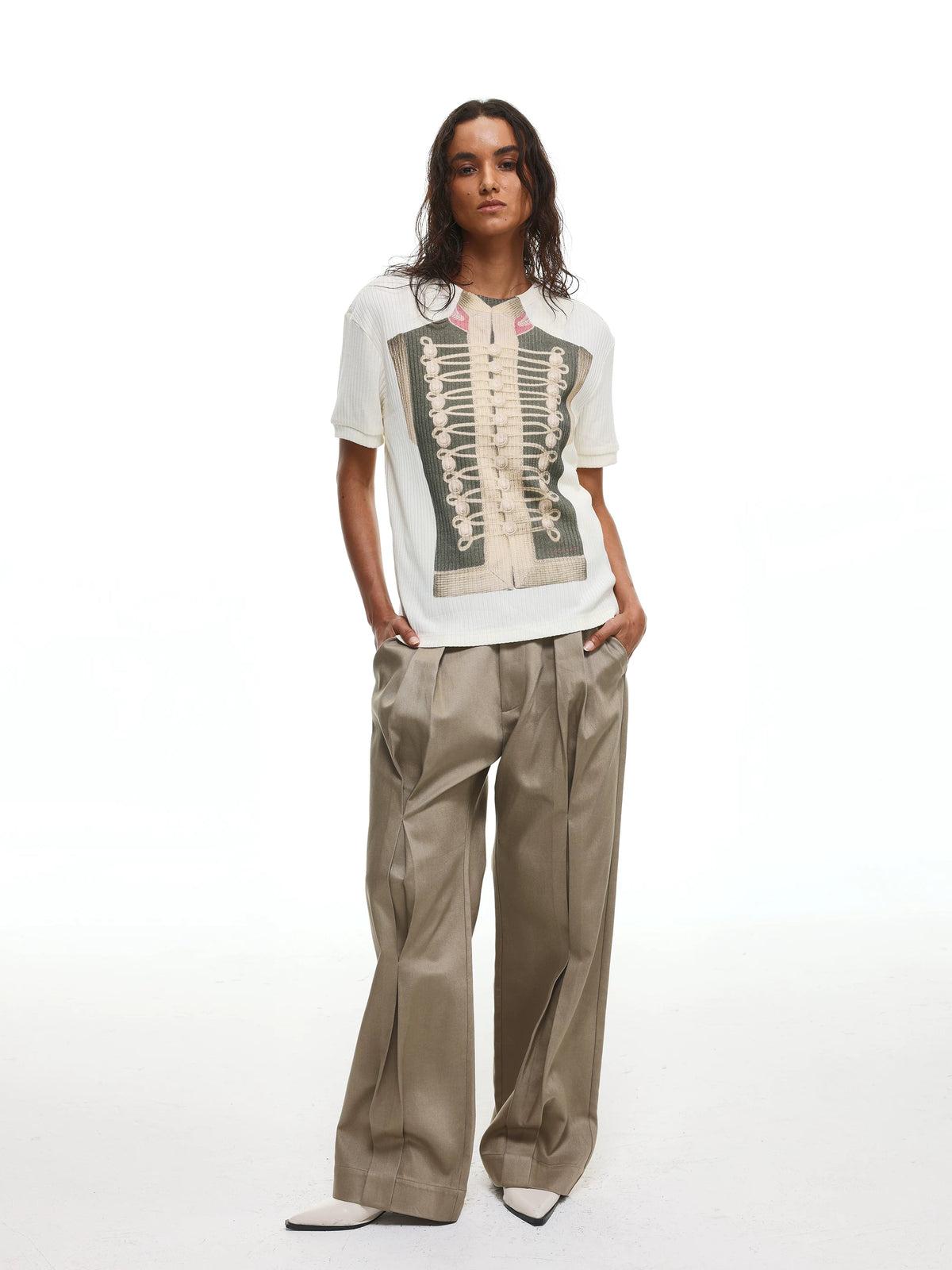 Napoleon Military Jacket Print Ribbed T-Shirt - Apricot full-length look
