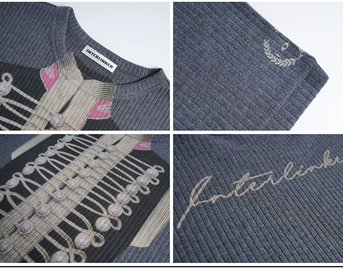 Napoleon Military Jacket Print Ribbed T-Shirt - Grey collar, sleeve embroidery and print details
