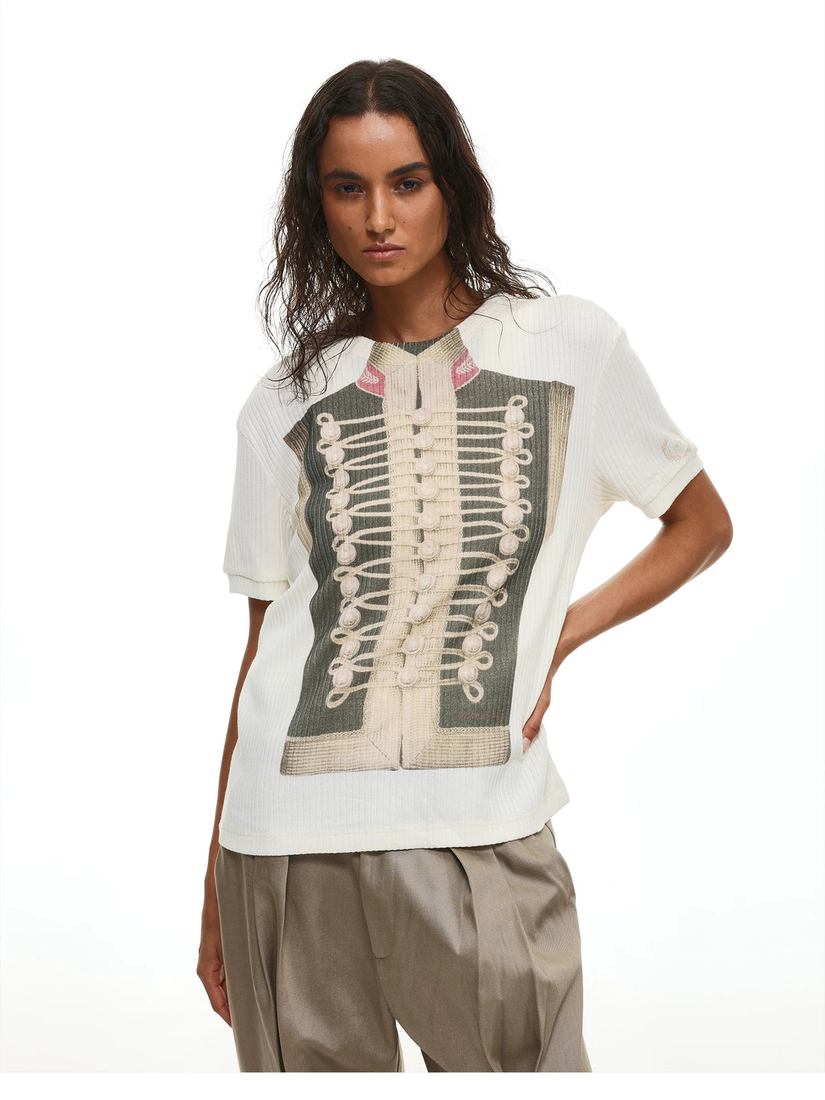 Napoleon Military Jacket Print Ribbed T-Shirt - Apricot front view