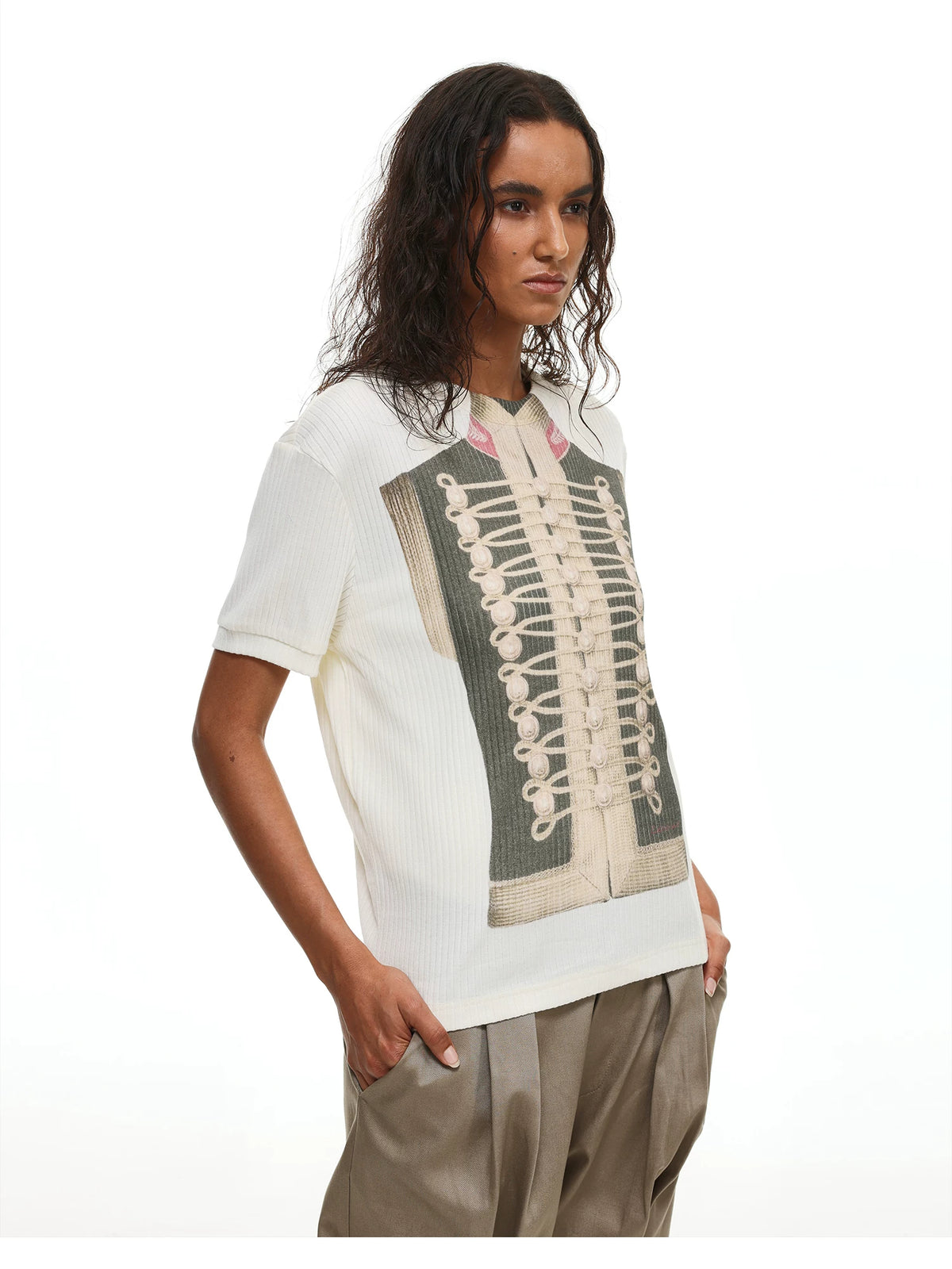 Napoleon Military Jacket Print Ribbed T-Shirt - Apricot three-quarter view