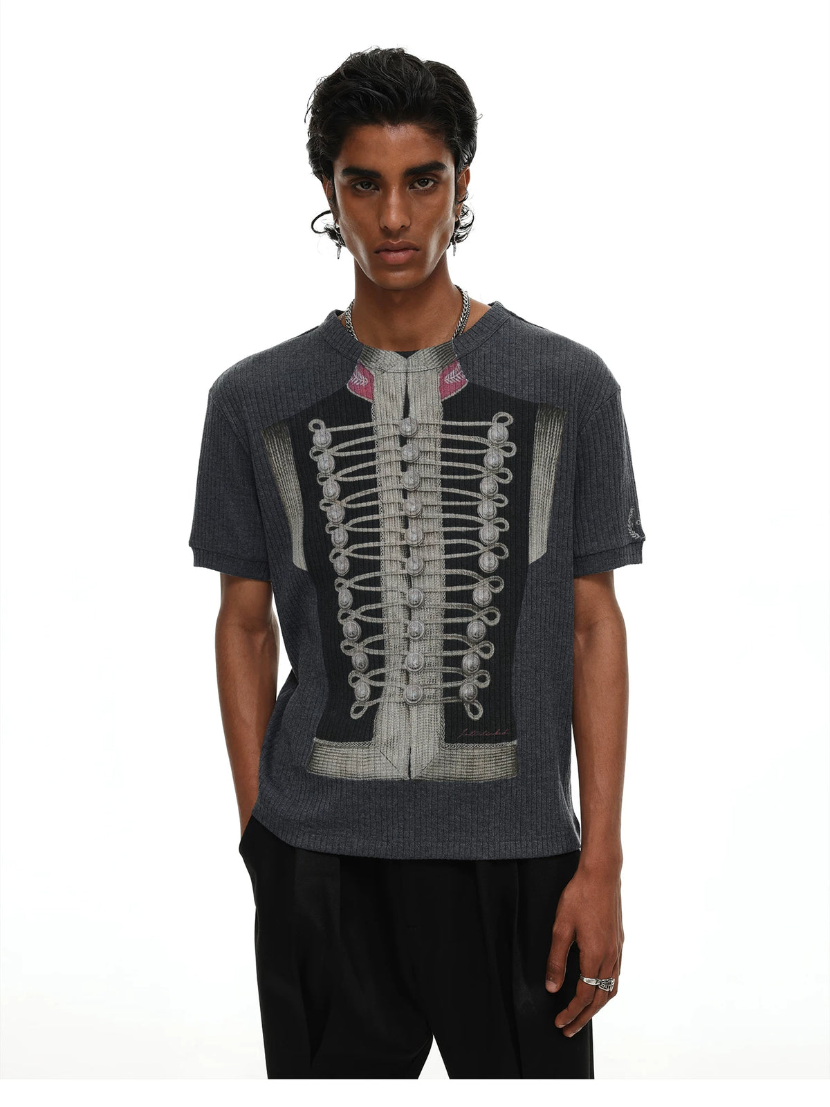Napoleon Military Jacket Print Ribbed T-Shirt - Grey front view