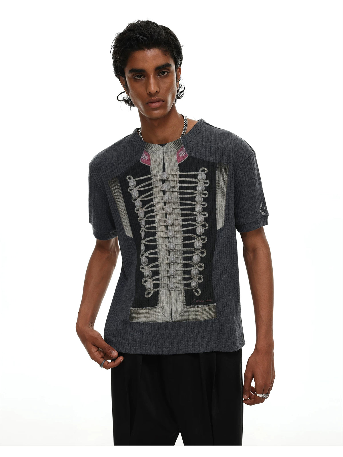 Napoleon Military Jacket Print Ribbed T-Shirt - Grey front close-up