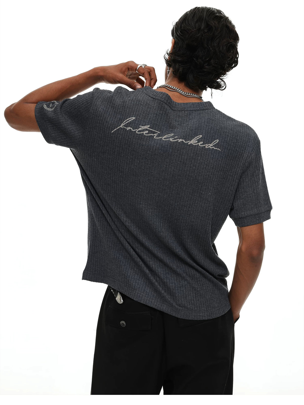 Napoleon Military Jacket Print Ribbed T-Shirt - Grey back with embroidered script