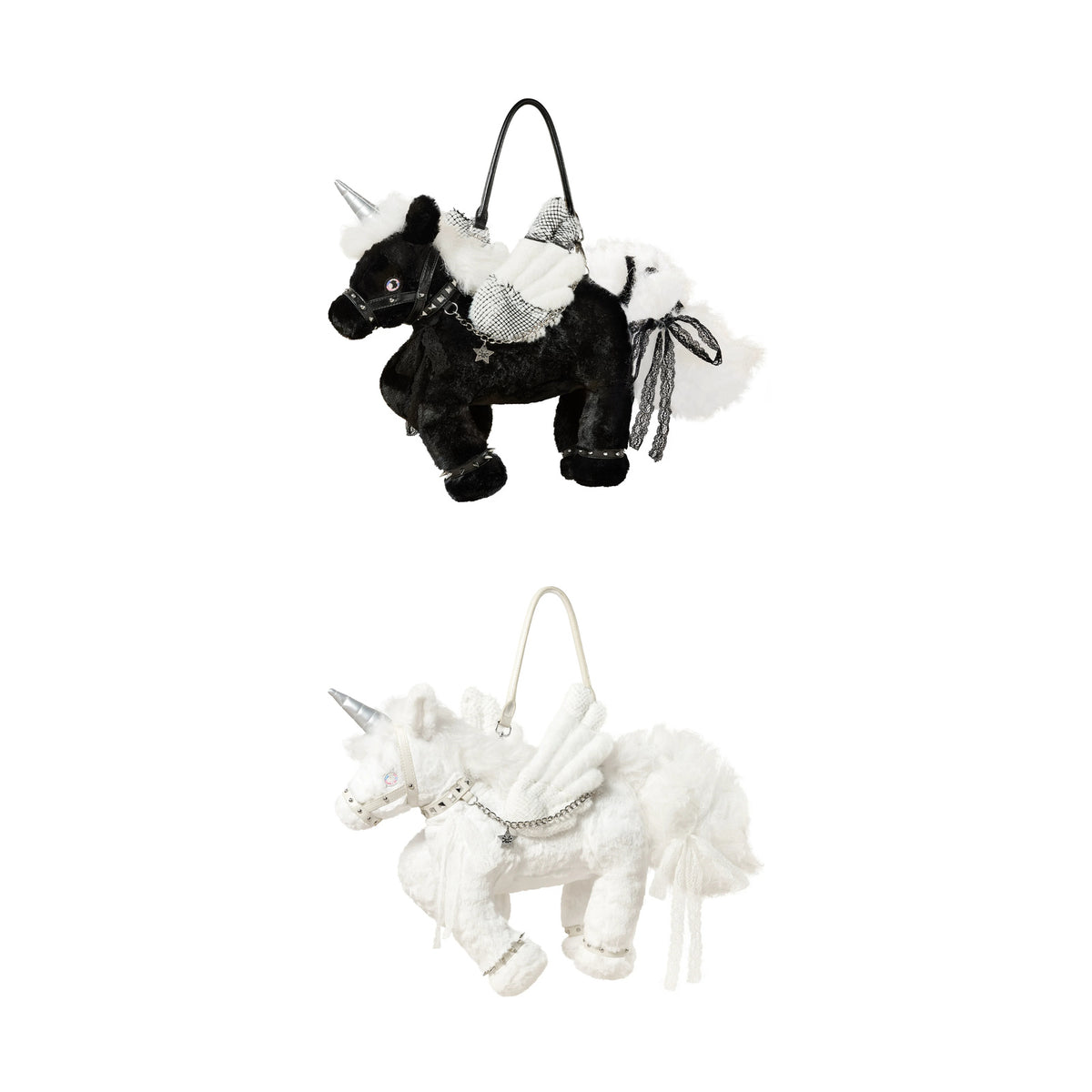 CFIERCE Plush Winged Unicorn Handbag - black winged unicorn handbag above white version on white background
