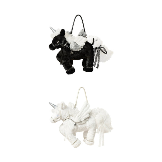 CFIERCE Plush Winged Unicorn Handbag - black winged unicorn handbag above white version on white background