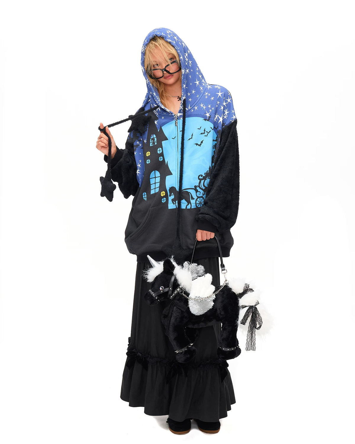 CFIERCE Plush Winged Unicorn Handbag - black unicorn handbag carried with black outfit