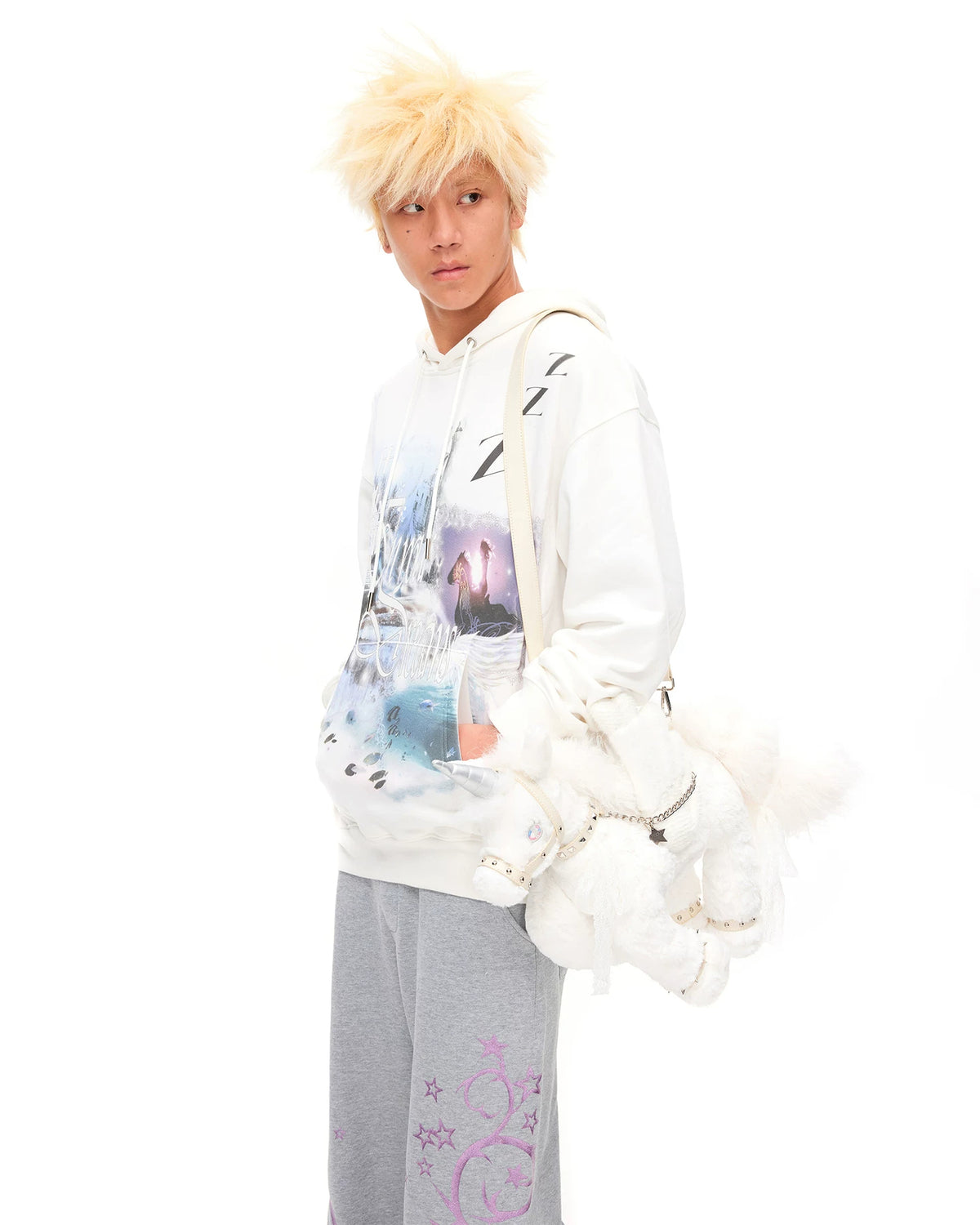 CFIERCE Plush Winged Unicorn Handbag - white unicorn handbag carried at side