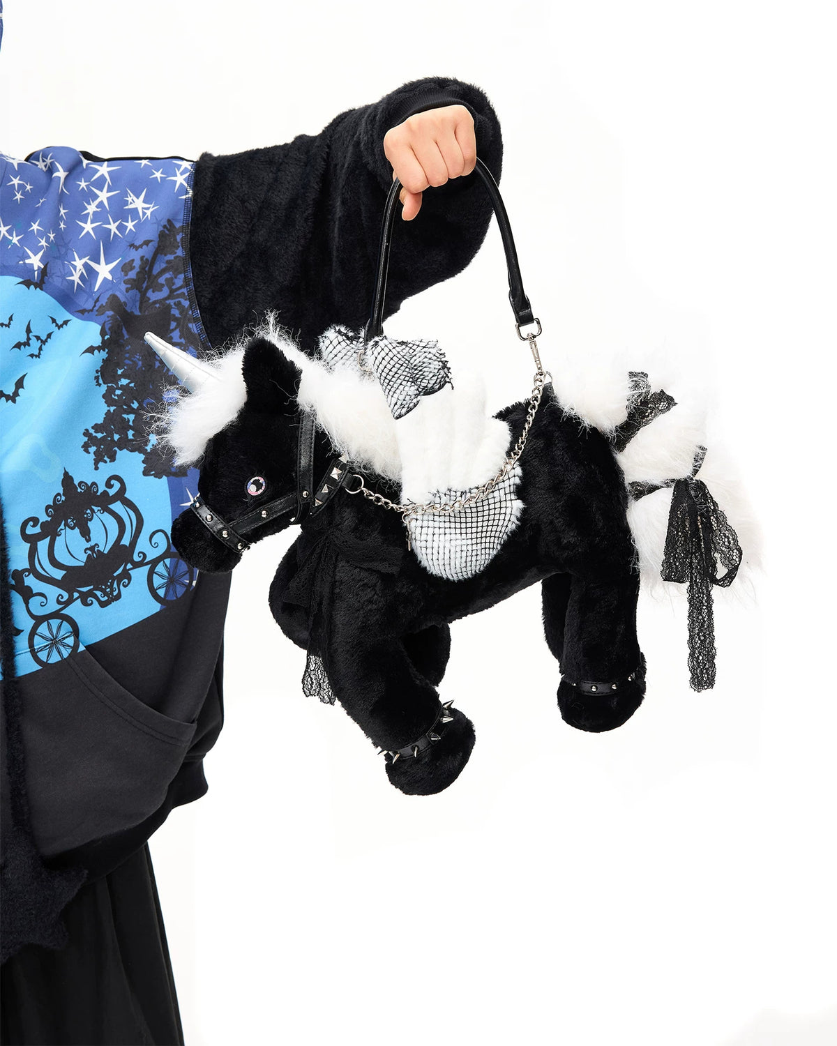 CFIERCE Plush Winged Unicorn Handbag - black unicorn handbag close look on handle