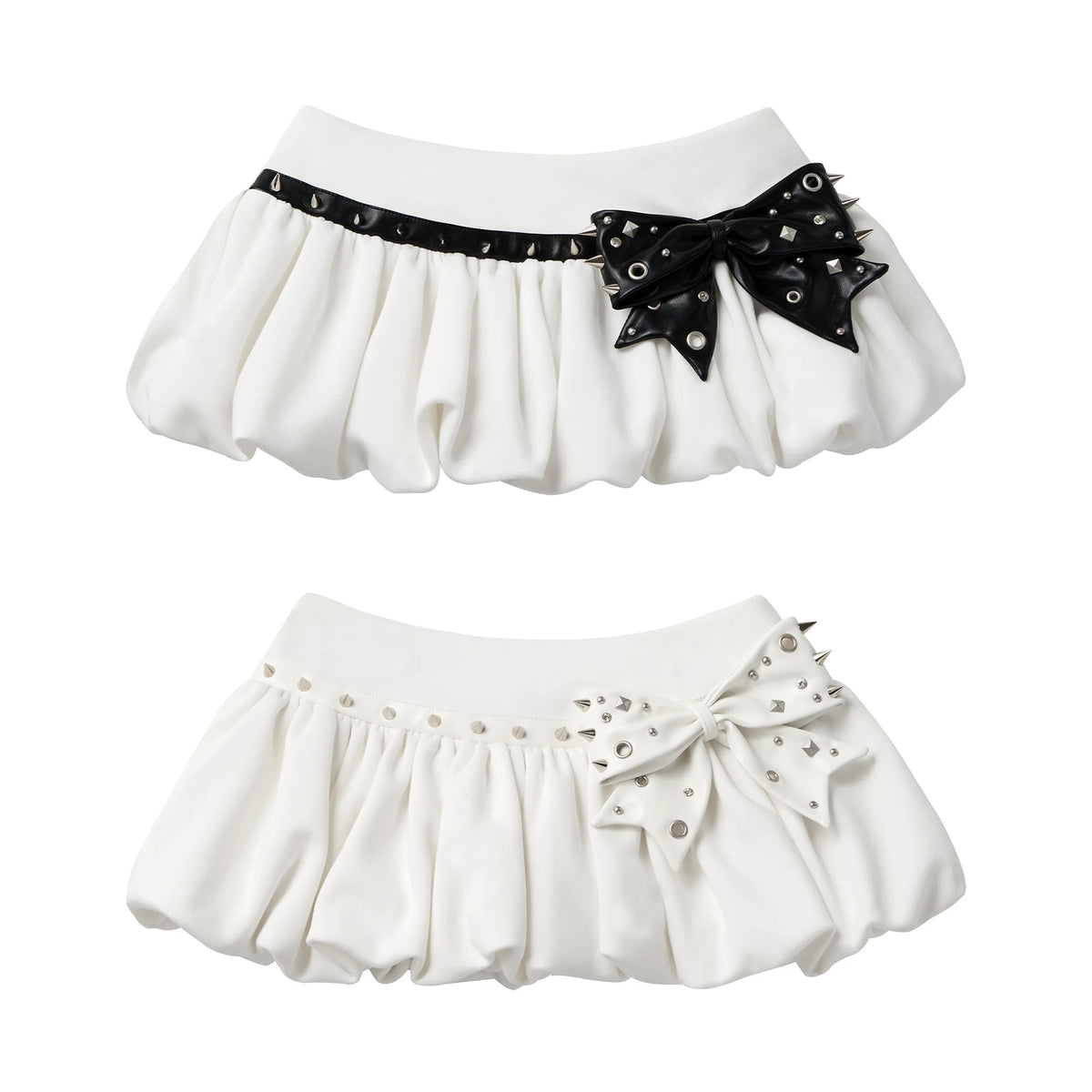 CFIERCE Studded Bow Bubble Mini Skirt - white bubble mini skirt with black bow above white bow on white background