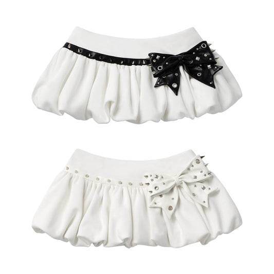 CFIERCE Studded Bow Bubble Mini Skirt - white bubble mini skirt with black bow above white bow on white background