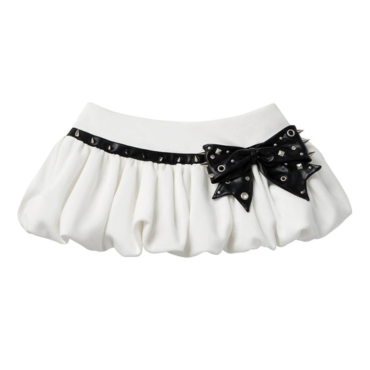 CFIERCE Studded Bow Bubble Mini Skirt - white bubble skirt with black studded bow product front