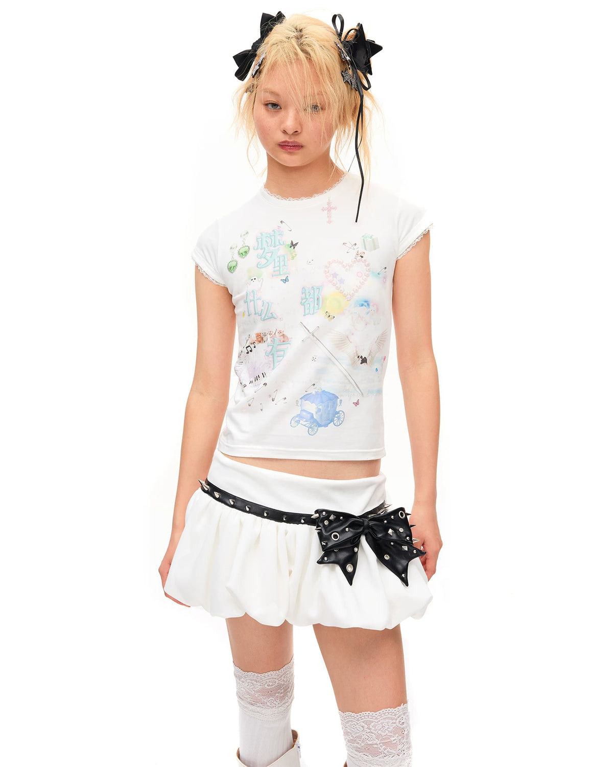 CFIERCE Studded Bow Bubble Mini Skirt - white bubble skirt with black bow worn straight on