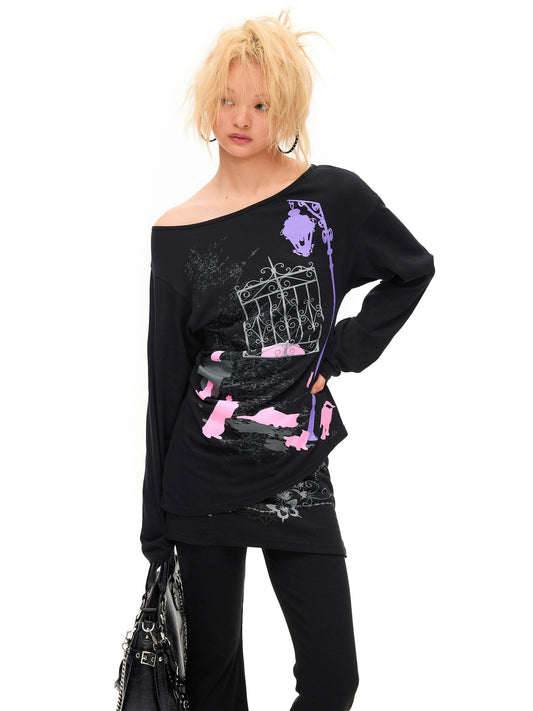 CFIERCE Night Cats Asymmetric Long Sleeve Top - black top on white-background model