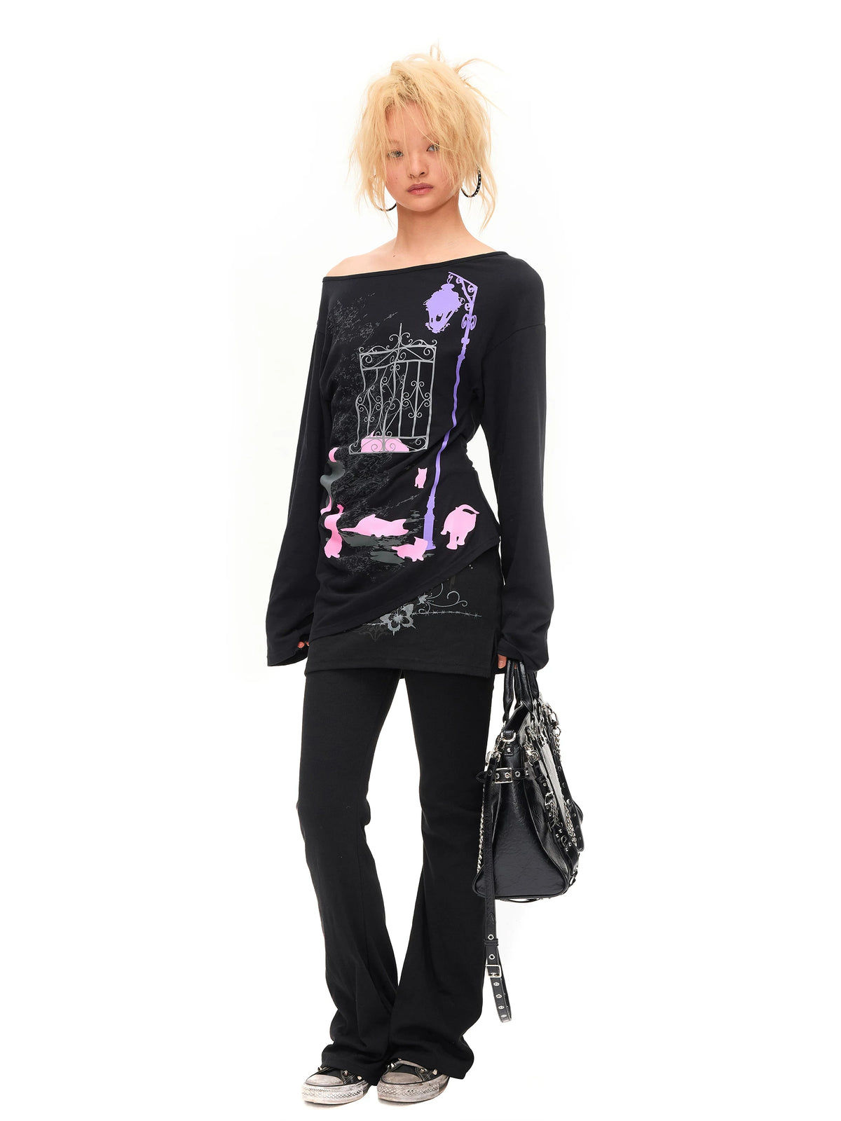 CFIERCE Night Cats Asymmetric Long Sleeve Top - front fit on white-background model