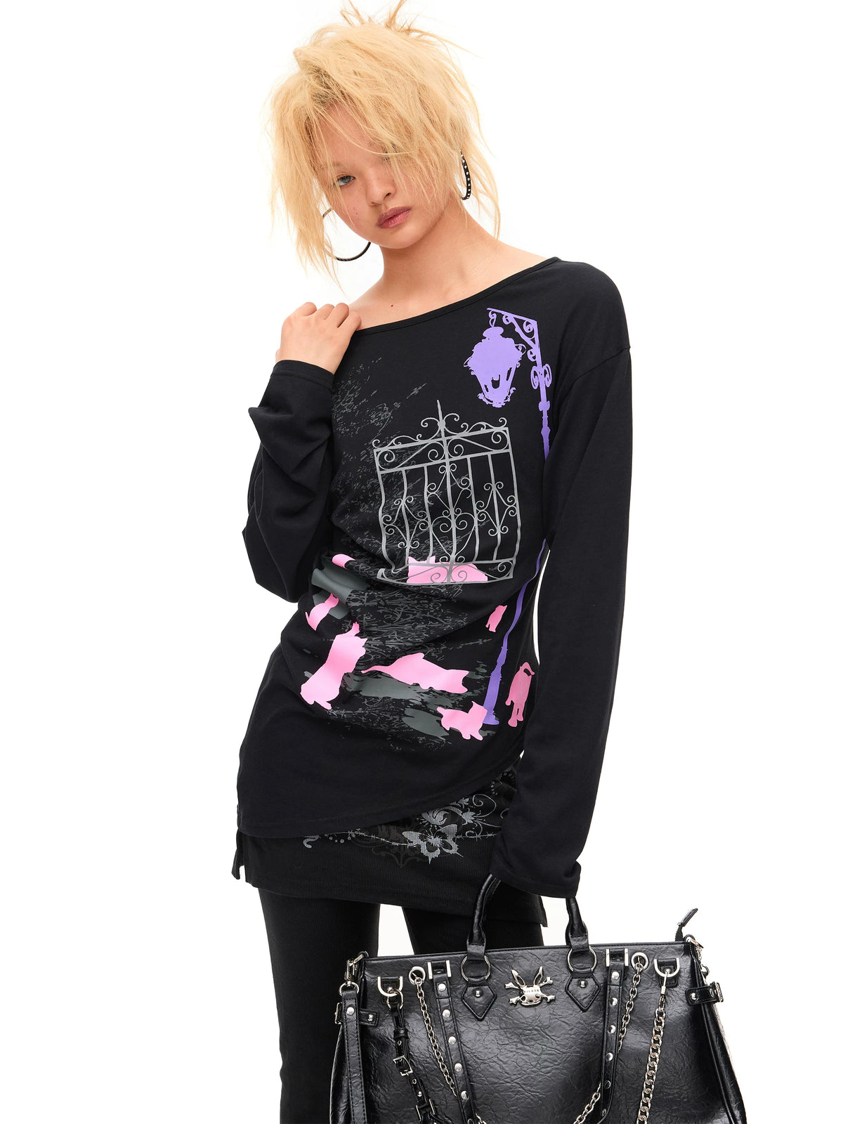 CFIERCE Night Cats Asymmetric Long Sleeve Top - print detail on white-background model