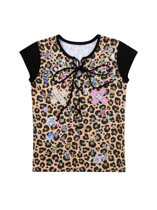 CFIERCE Leopard Lace-Up Graphic T-Shirt - white background front
