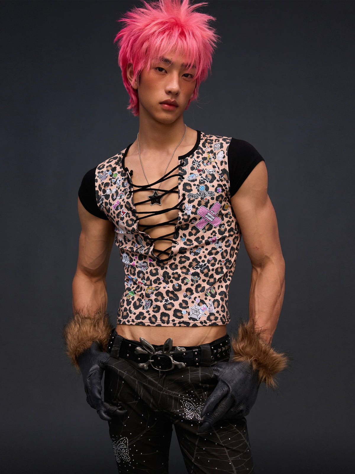 CFIERCE Leopard Lace-Up Graphic T-Shirt - model angle 1