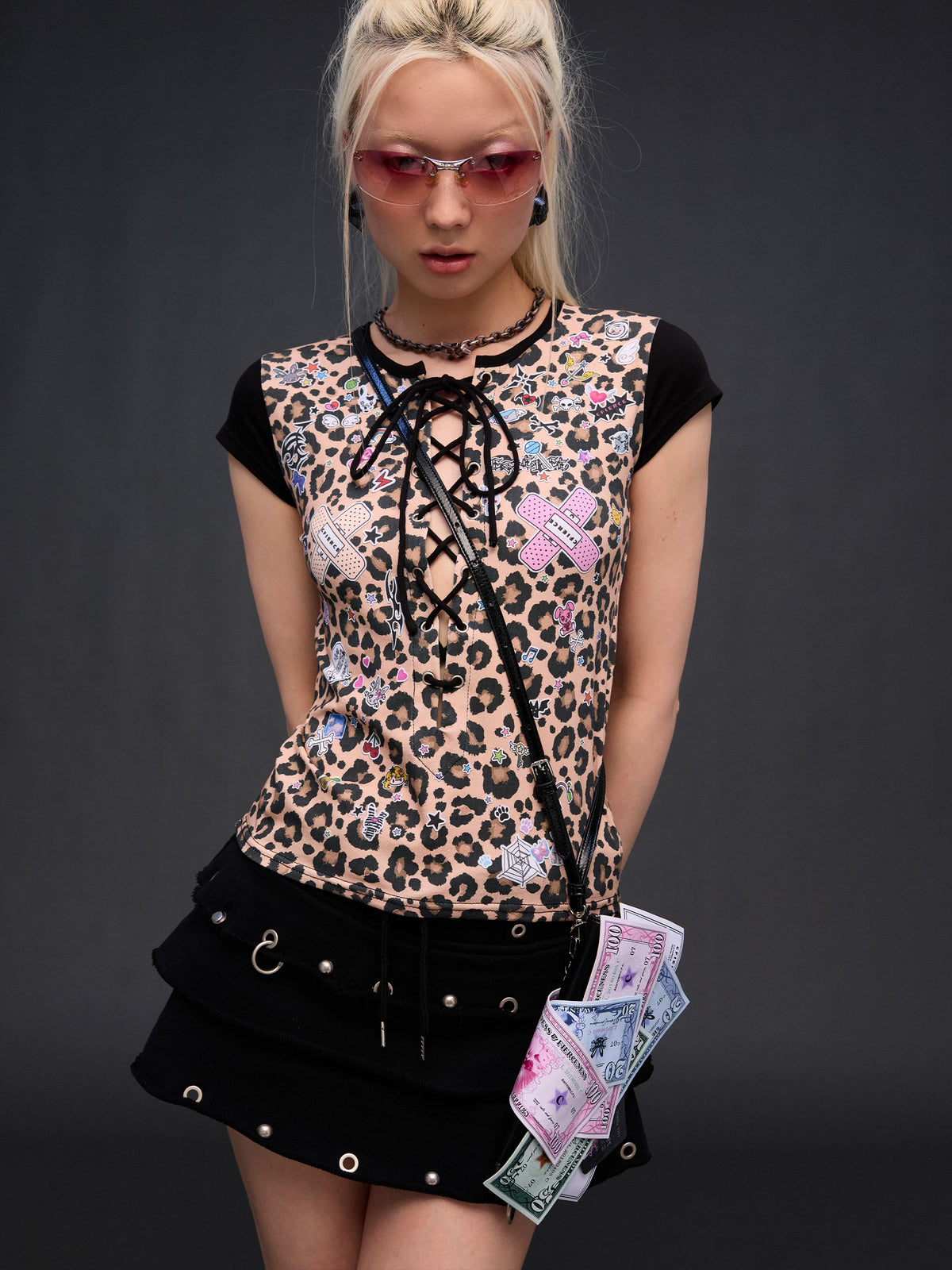 CFIERCE Leopard Lace-Up Graphic T-Shirt - model angle 2