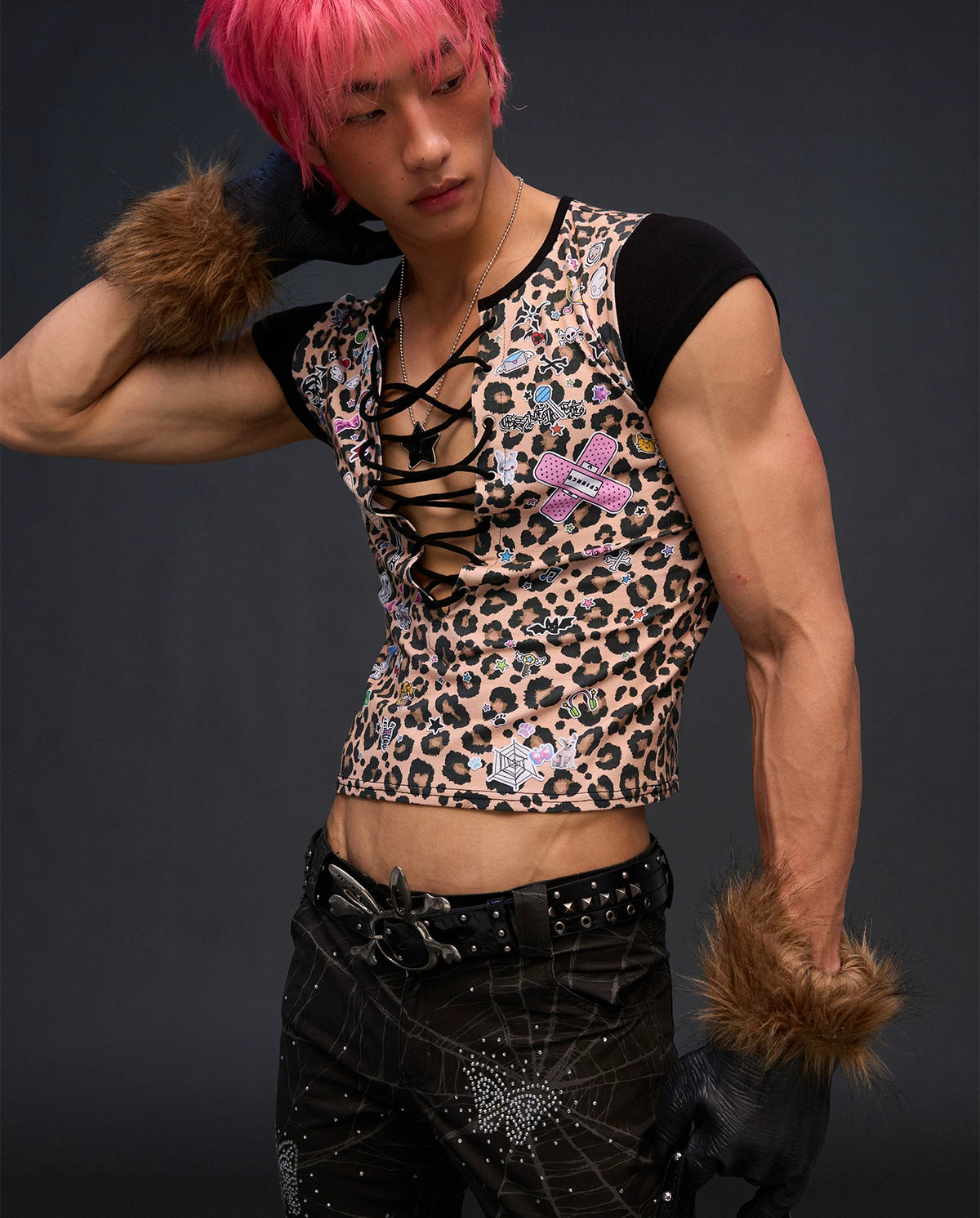 CFIERCE Leopard Lace-Up Graphic T-Shirt - model angle 8