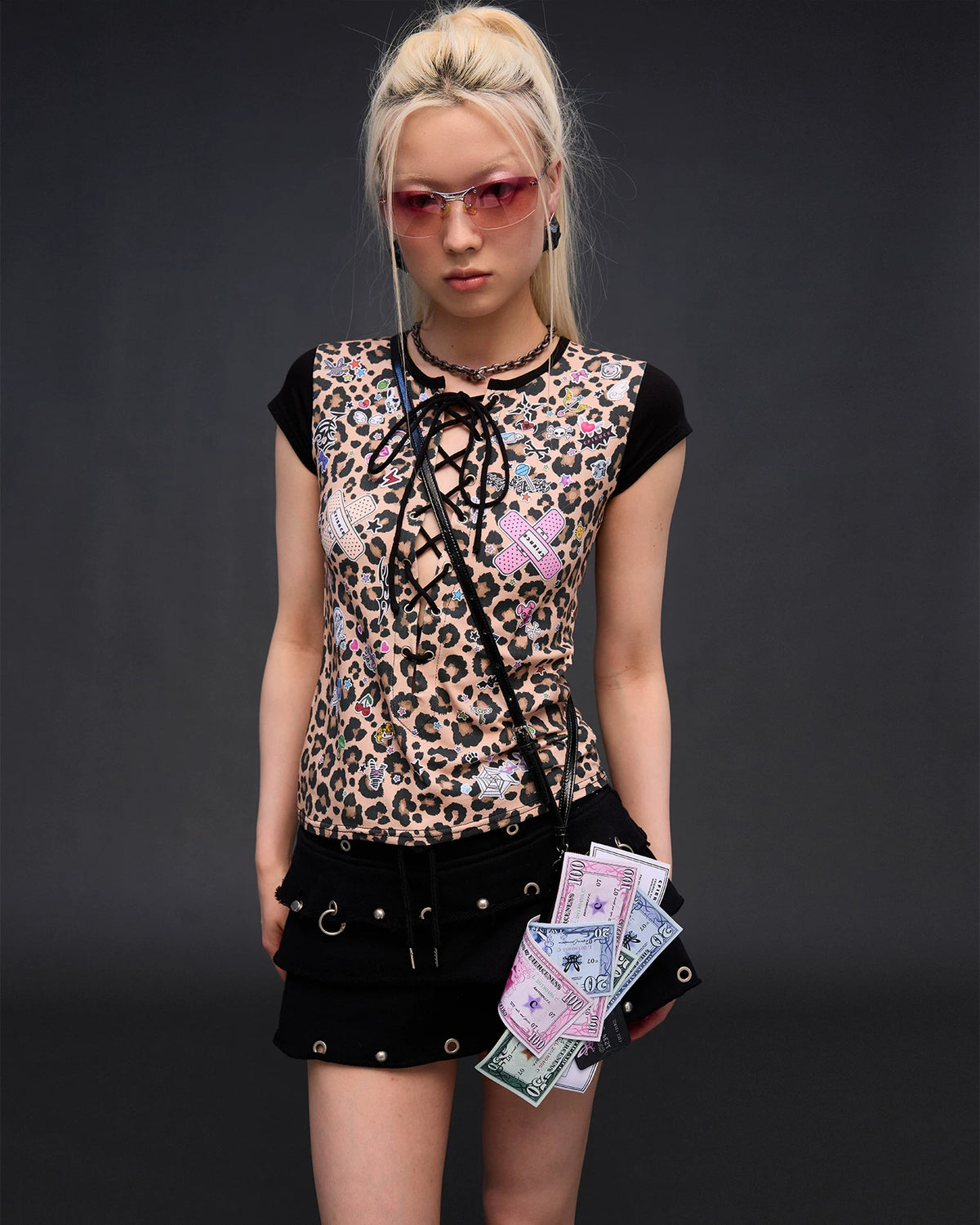 CFIERCE Leopard Lace-Up Graphic T-Shirt - model angle 11