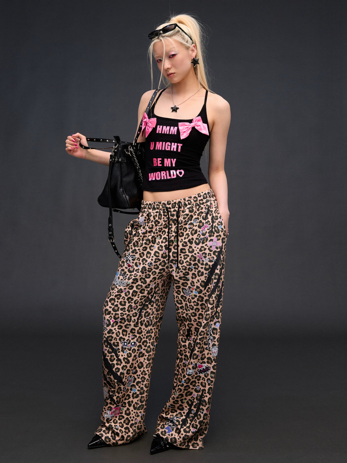 CFIERCE Leopard Sticker Print Wide-Leg Sweatpants - full look worn by model