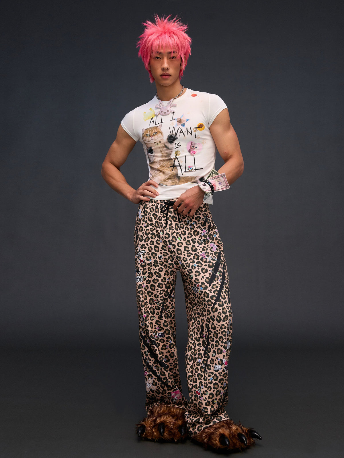 CFIERCE Leopard Sticker Print Wide-Leg Sweatpants - front worn by model