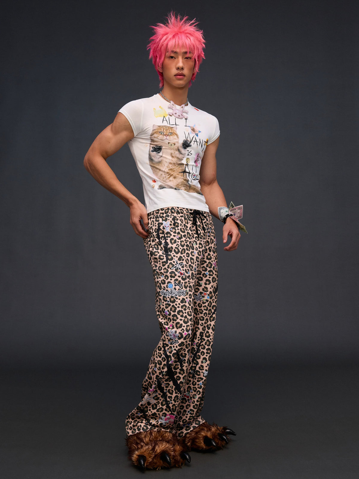 CFIERCE Leopard Sticker Print Wide-Leg Sweatpants - side look worn by model