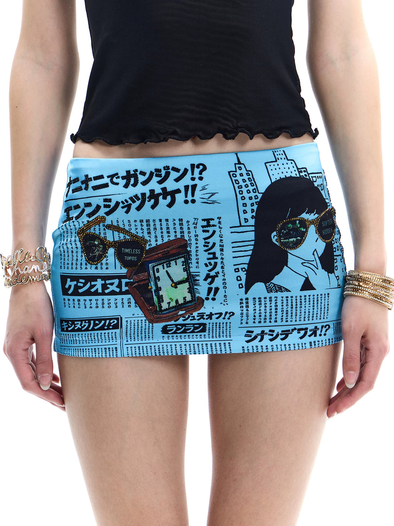 Faychui lake-blue comic print mini skirt — product view 1