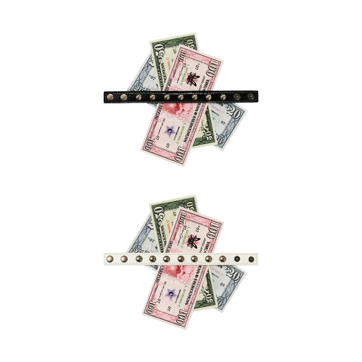 CFIERCE Money Print Studded Bracelet - black and white studded money-print bracelets arranged top to bottom