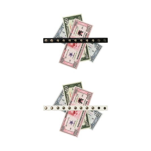 CFIERCE Money Print Studded Bracelet - black and white studded money-print bracelets arranged top to bottom