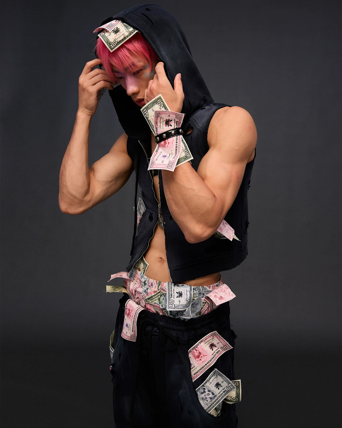 CFIERCE Money Print Studded Bracelet - black money-print bracelet worn on wrist with dark outfit