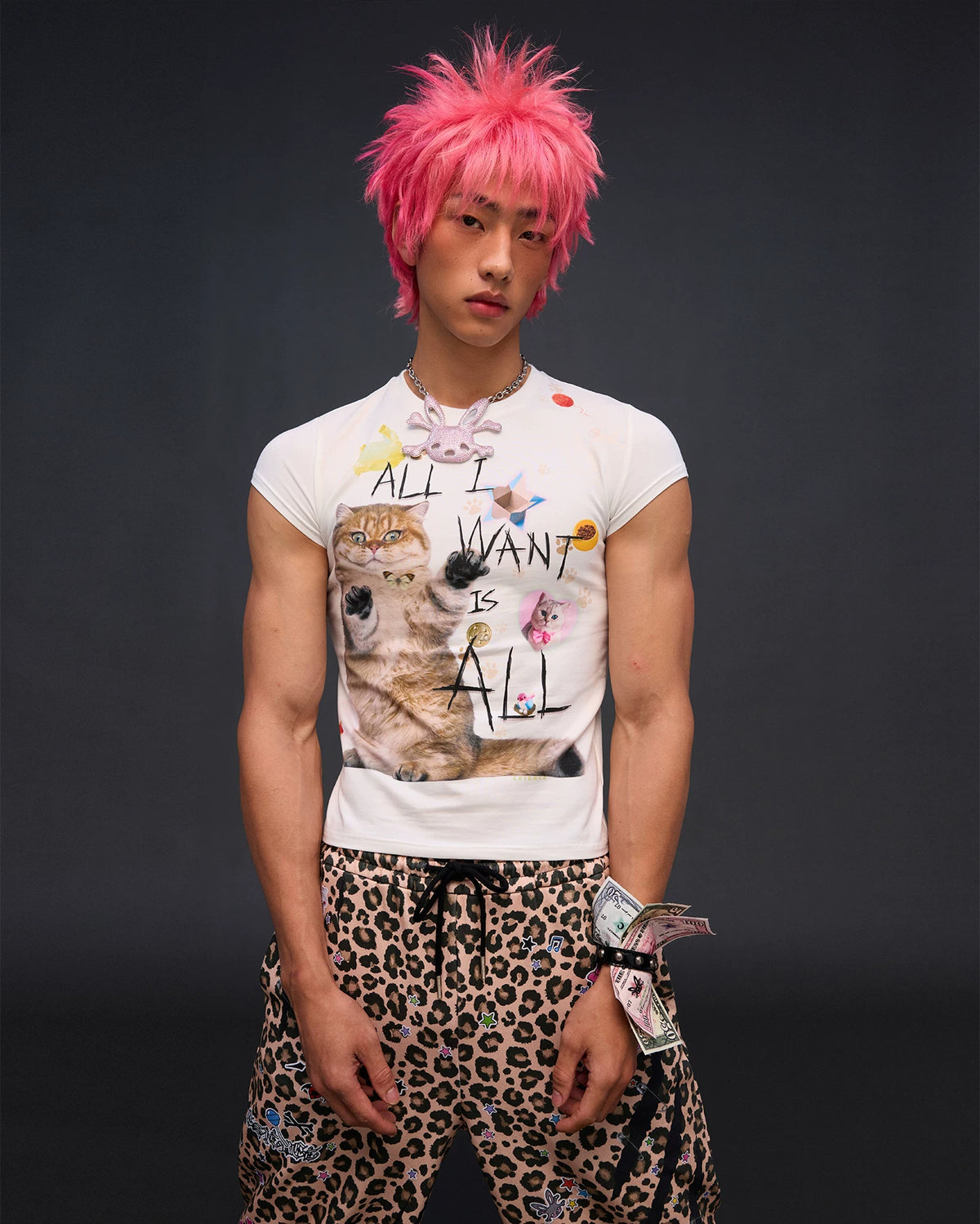 CFIERCE Money Print Studded Bracelet - money-print bracelet worn with graphic T-shirt