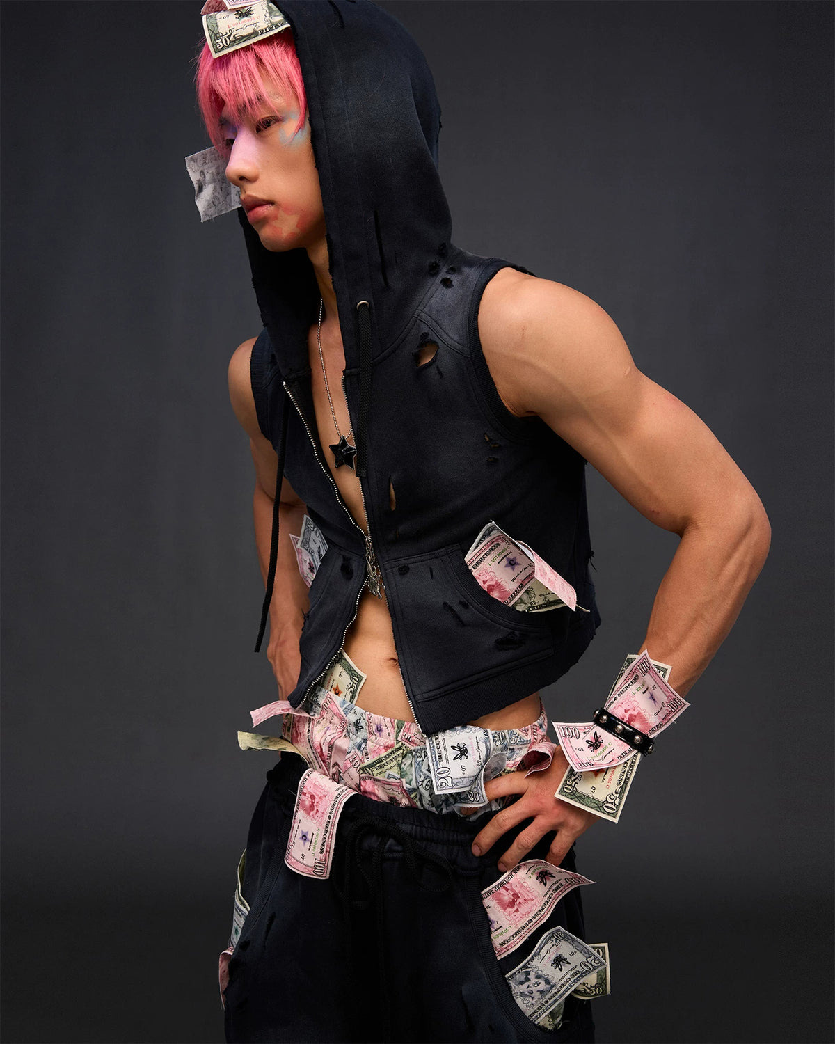 CFIERCE Money Print Studded Bracelet - black money-print bracelet worn with dark layered outfit