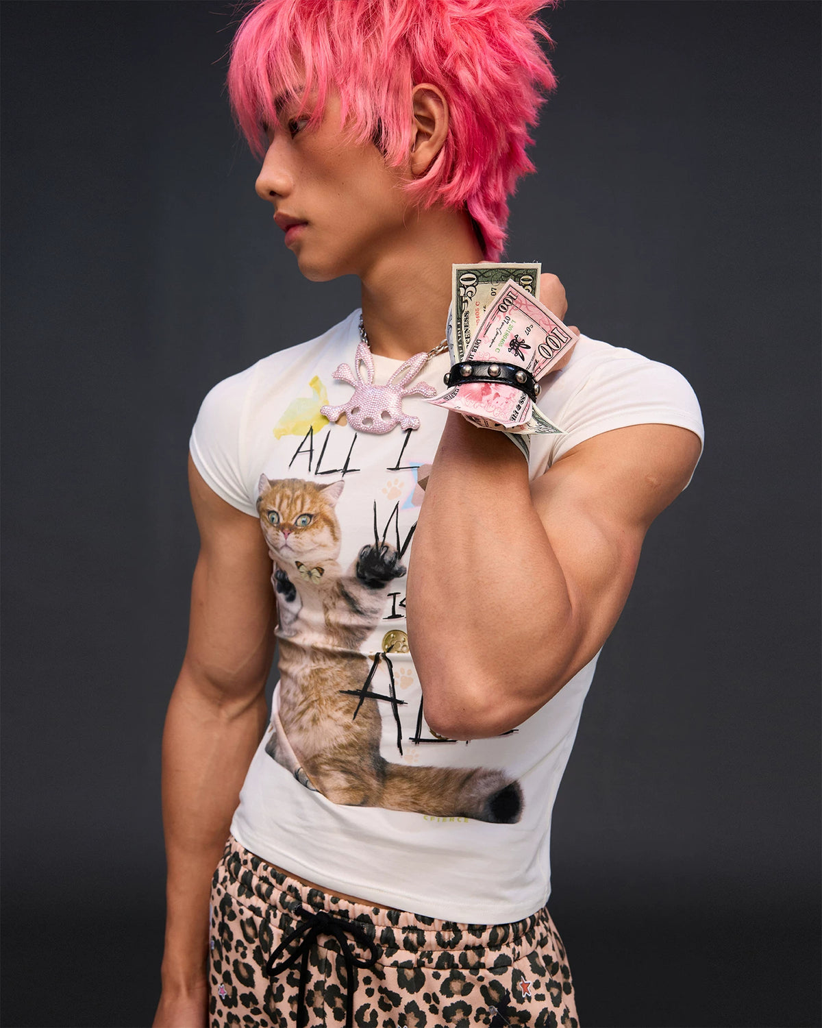 CFIERCE Money Print Studded Bracelet - money-print bracelet shown from side of wrist
