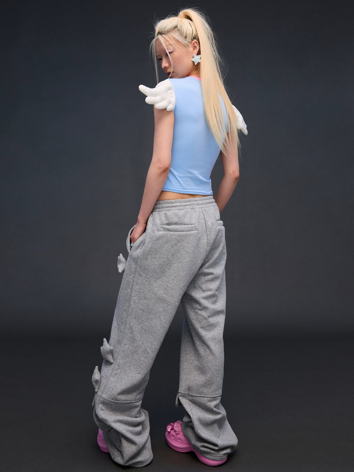 CFIERCE Angel Wing Rhinestone Baby Tee - blue back on model
