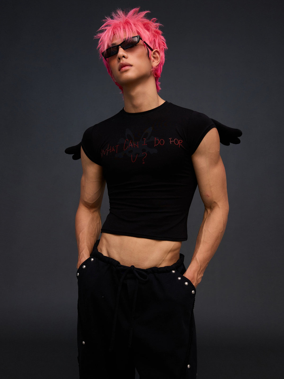 CFIERCE Angel Wing Rhinestone Baby Tee - black styled on model