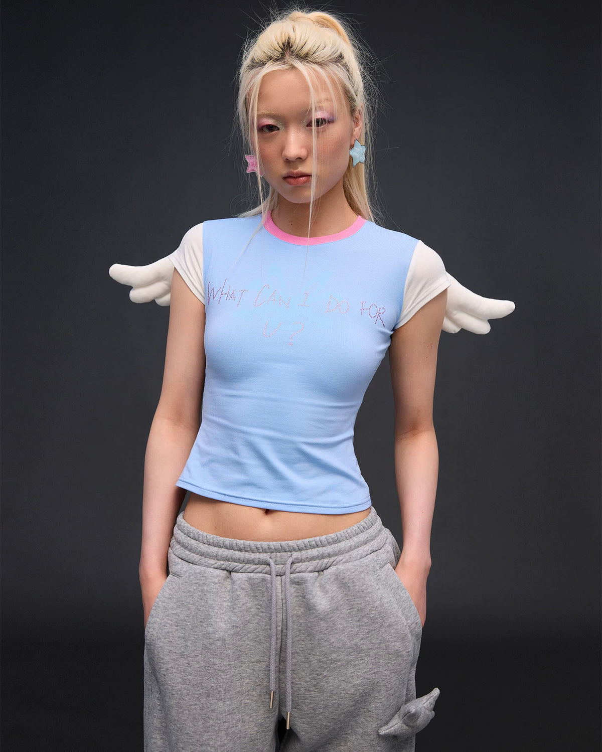 CFIERCE Angel Wing Rhinestone Baby Tee - blue close front on model