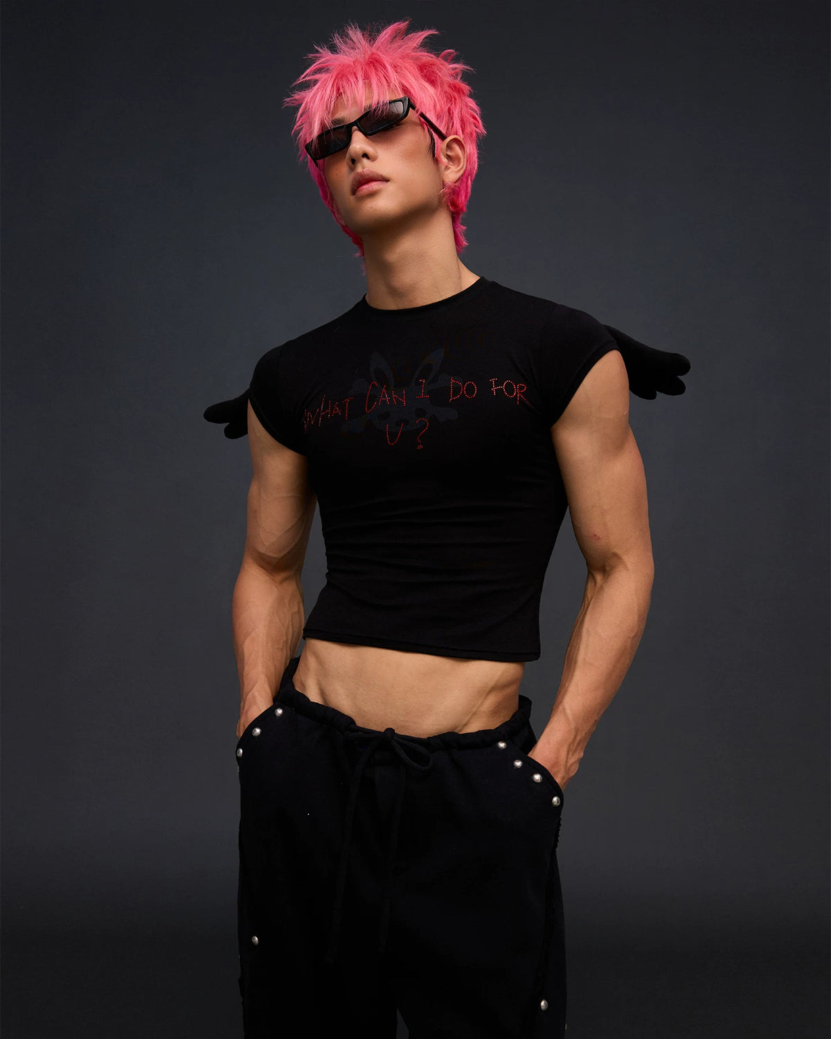 CFIERCE Angel Wing Rhinestone Baby Tee - black close front on model