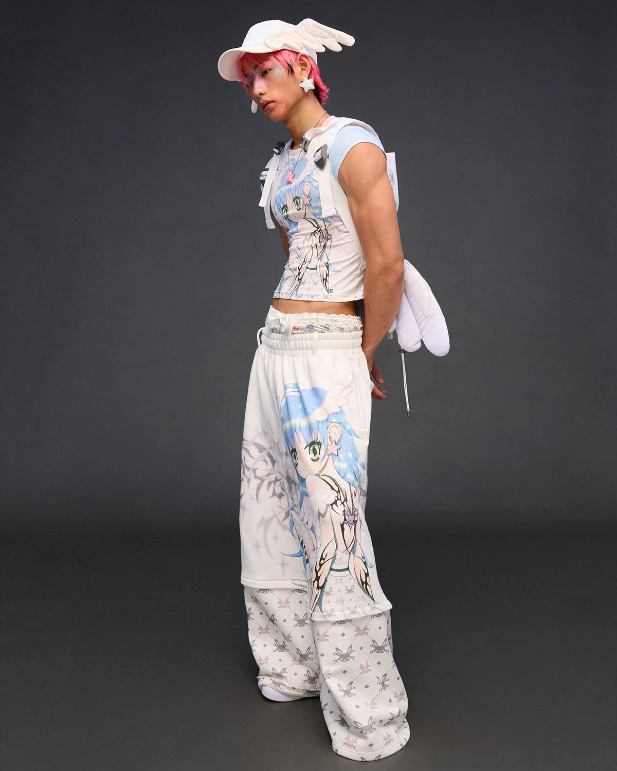 CFIERCE Winged Eye Embroidered Baseball Cap - white cap side view with pink-haired model