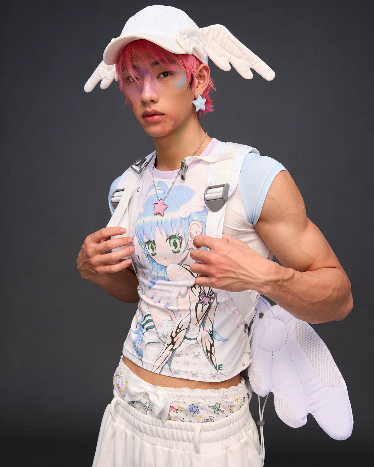 CFIERCE Winged Eye Embroidered Baseball Cap - white cap angled front with backpack