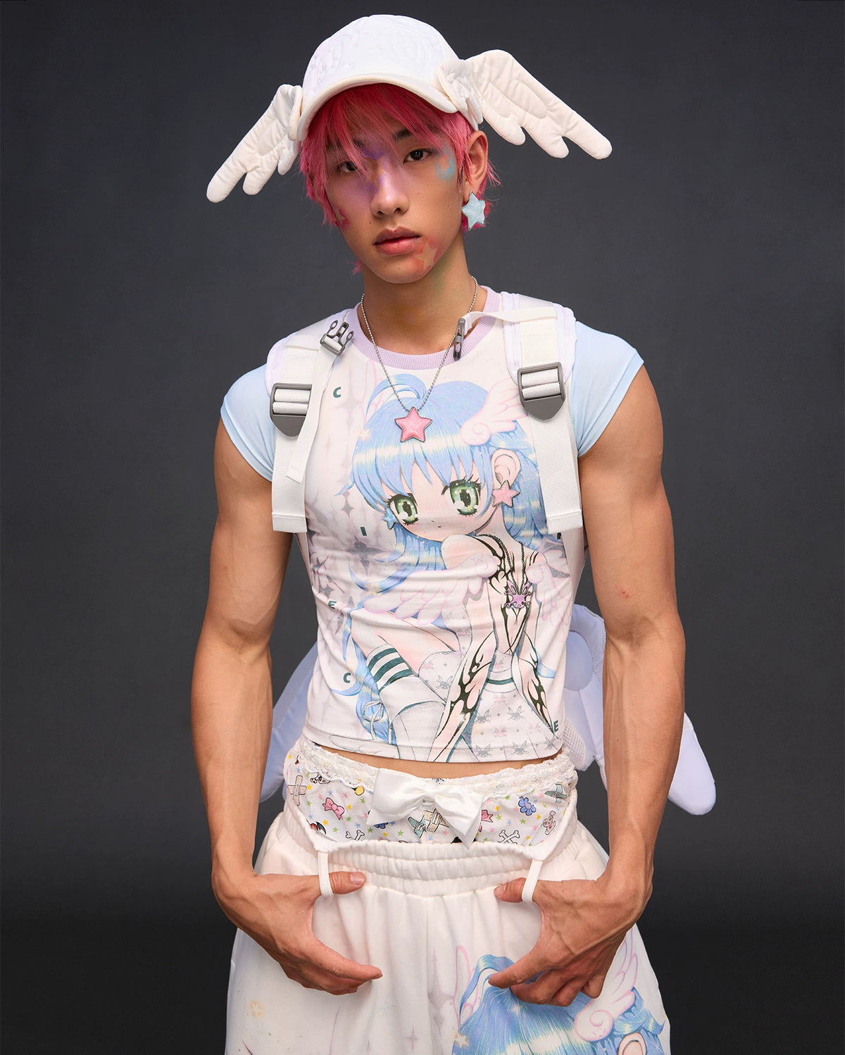 CFIERCE Winged Eye Embroidered Baseball Cap - white cap worn straight on with backpack