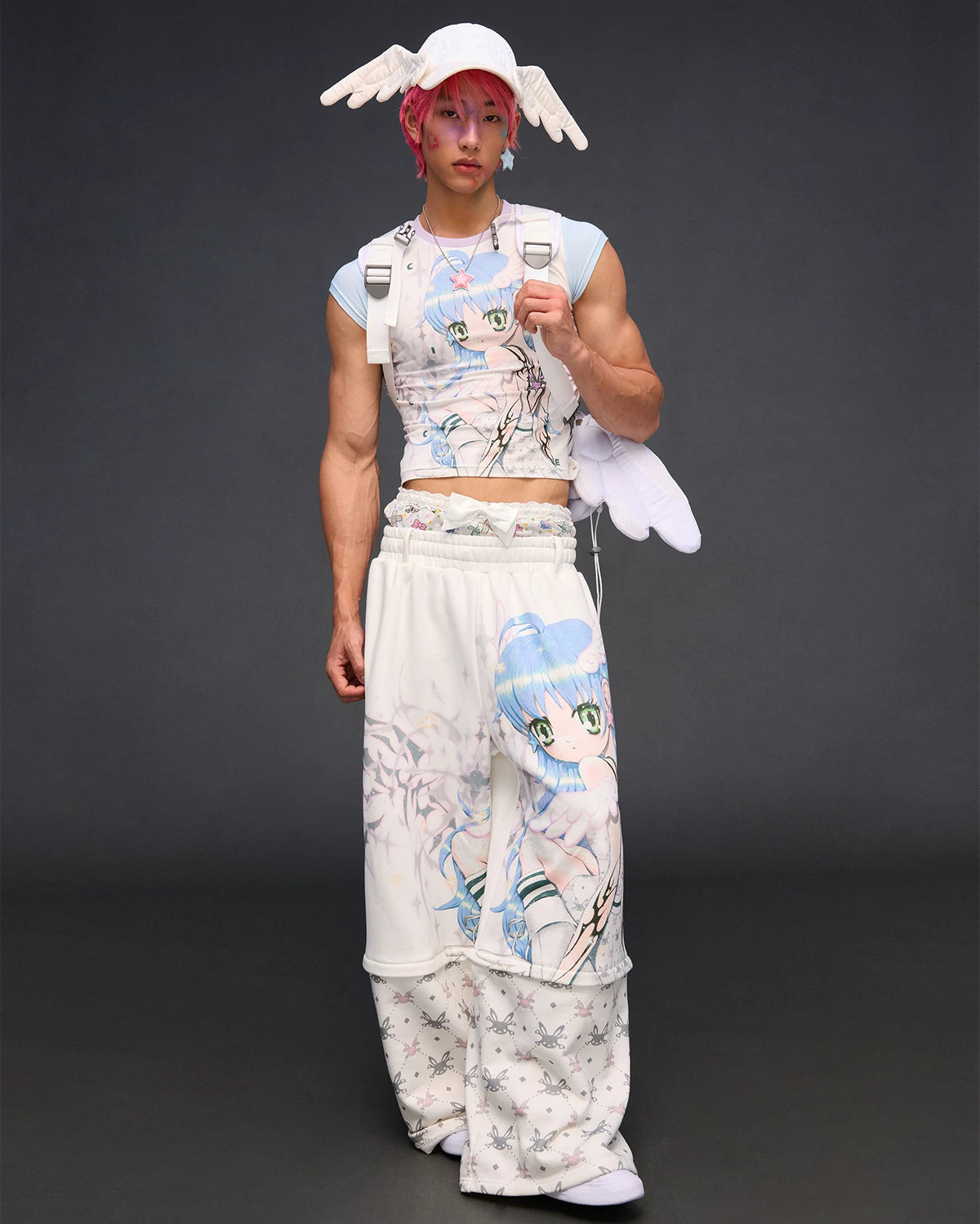 CFIERCE Winged Eye Embroidered Baseball Cap - white cap worn full look with backpack
